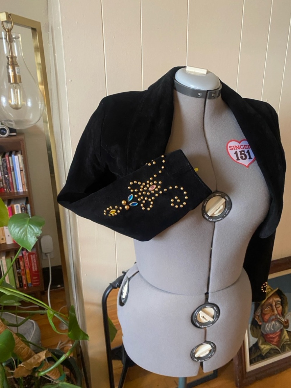 Black Suede Bolero Shrug with Gold and Turquoise Embellishment